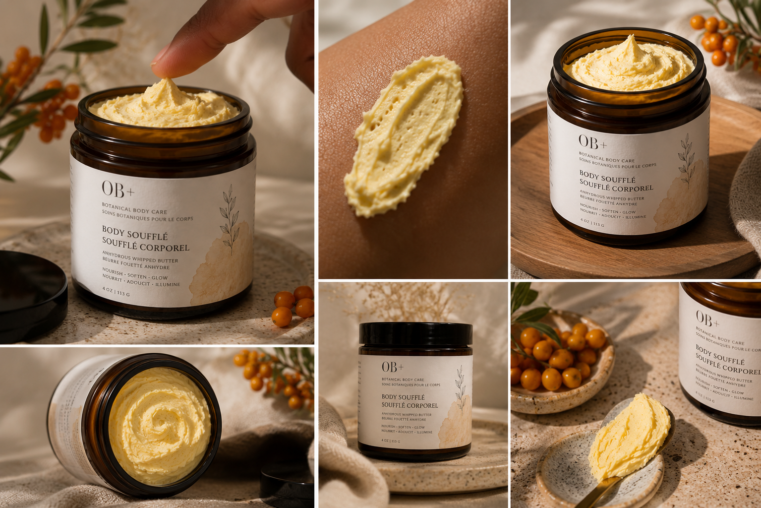 Collage of OB+ body butter jar with open lid, applied on skin, and surrounded by natural elements.