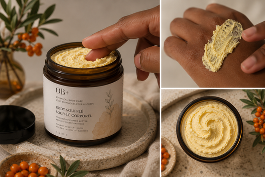 Jar of body souffle with a hand scooping out some of the cream, surrounded by decorative elements.