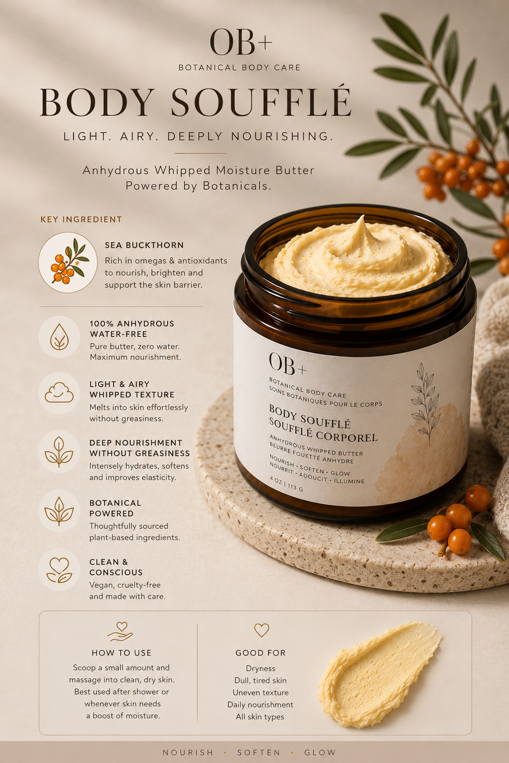 OB+ Botanical Body Care Body Souffle with ingredients list and benefits on a beige background