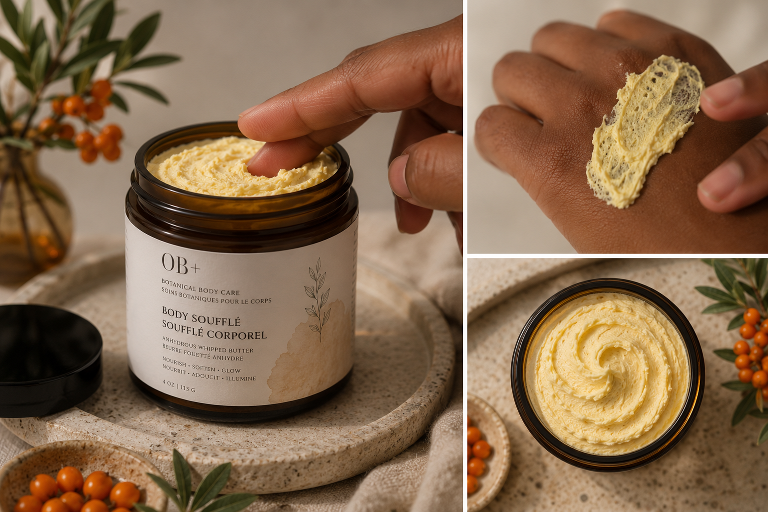 Jar of body souffle with a hand scooping out some of the cream, surrounded by decorative elements.