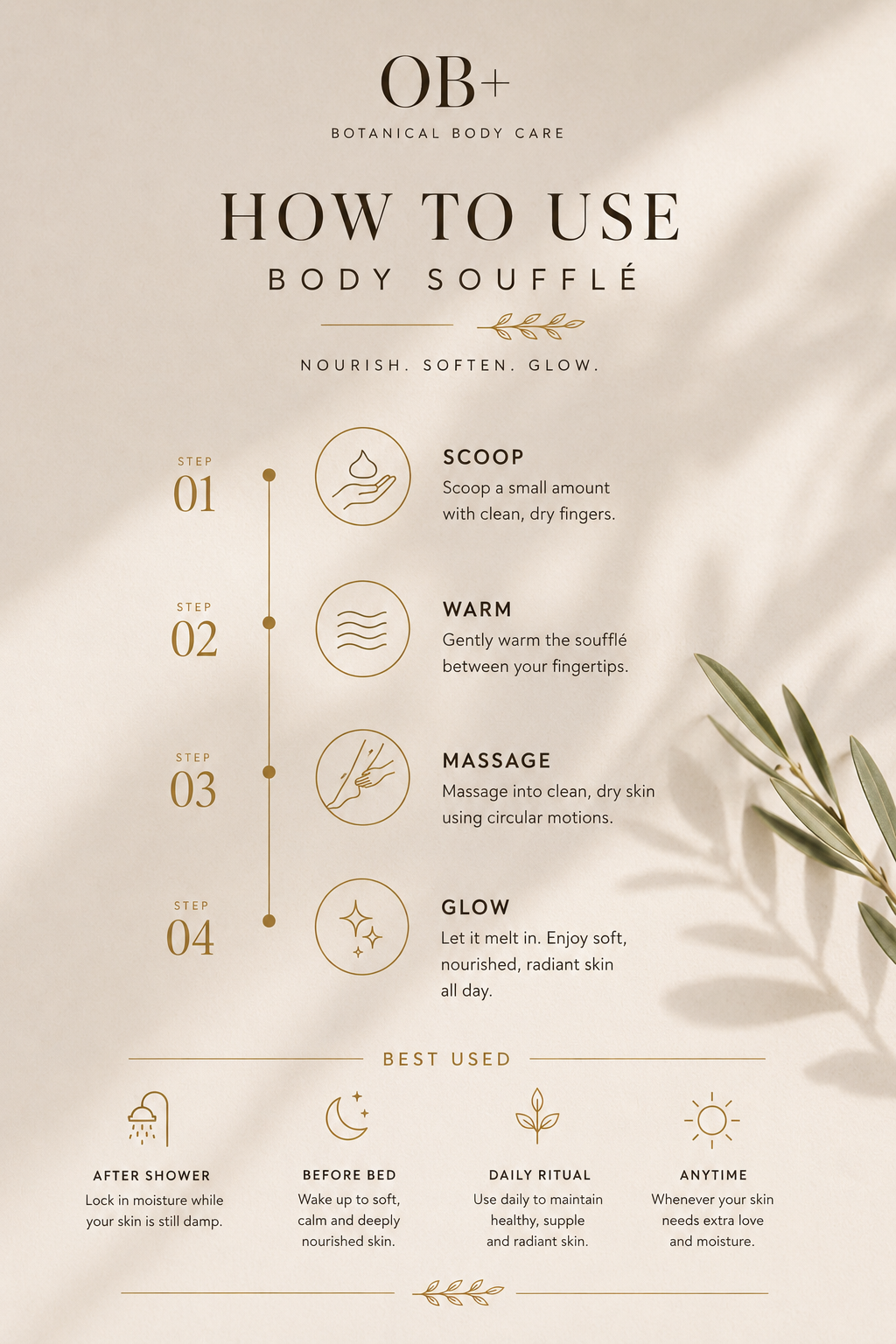 Instructions on how to use body souffle with botanical design elements.